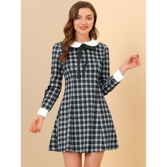 Peter Pan Collar Fit and Flare Mini Plaid Tartan Dress Black - Picture 2 of 6
